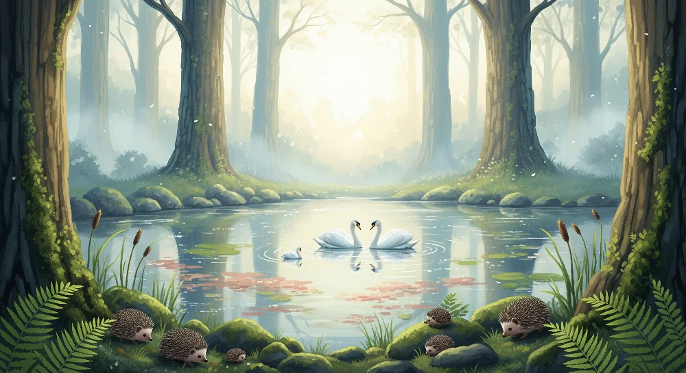 Papier peint chambre enfant | Scène paisible de cygnes et hérissons au bord d'un lac
