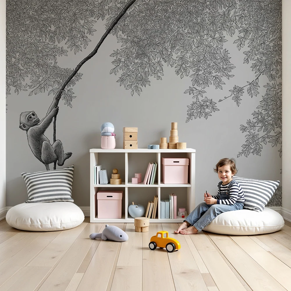 Papier peint chambre enfant | Singe espiègle grimpant dans les branches