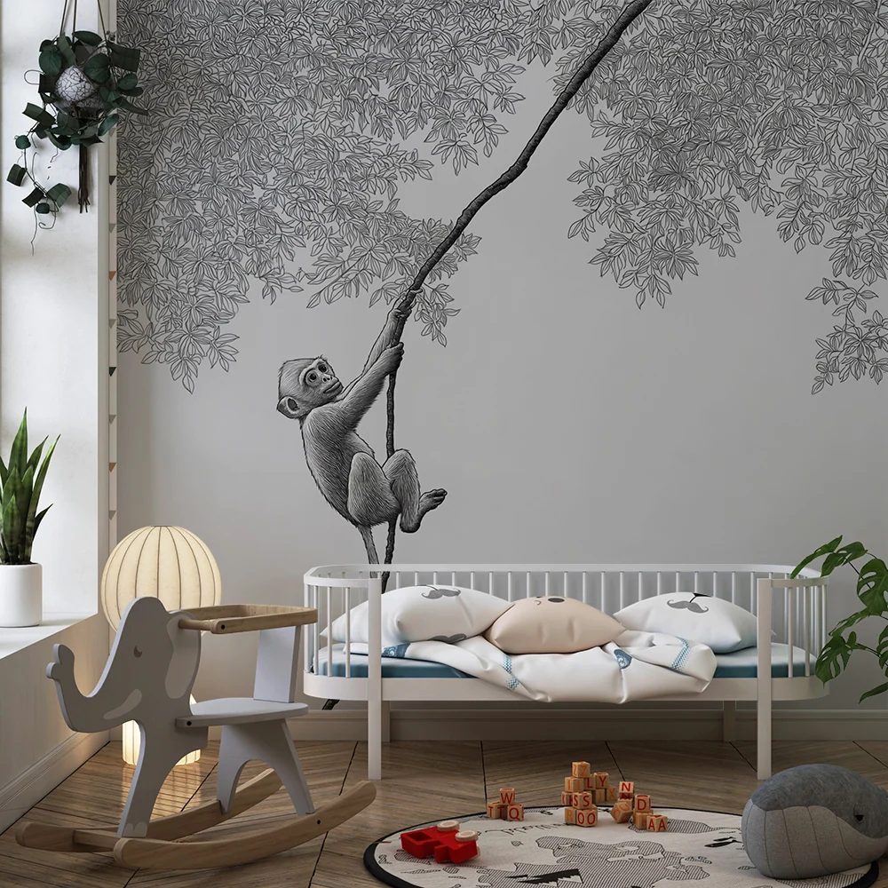 Papier peint chambre enfant | Singe espiègle grimpant dans les branches