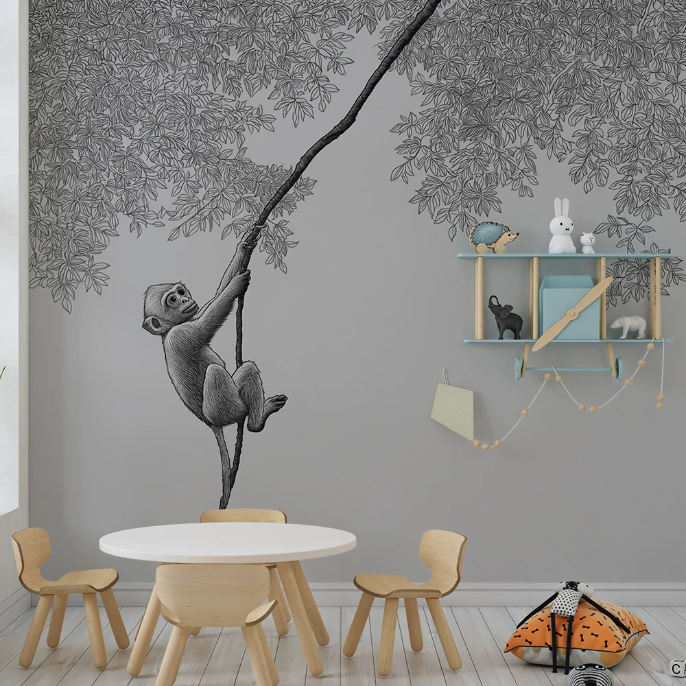 Papier peint chambre enfant | Singe espiègle grimpant dans les branches