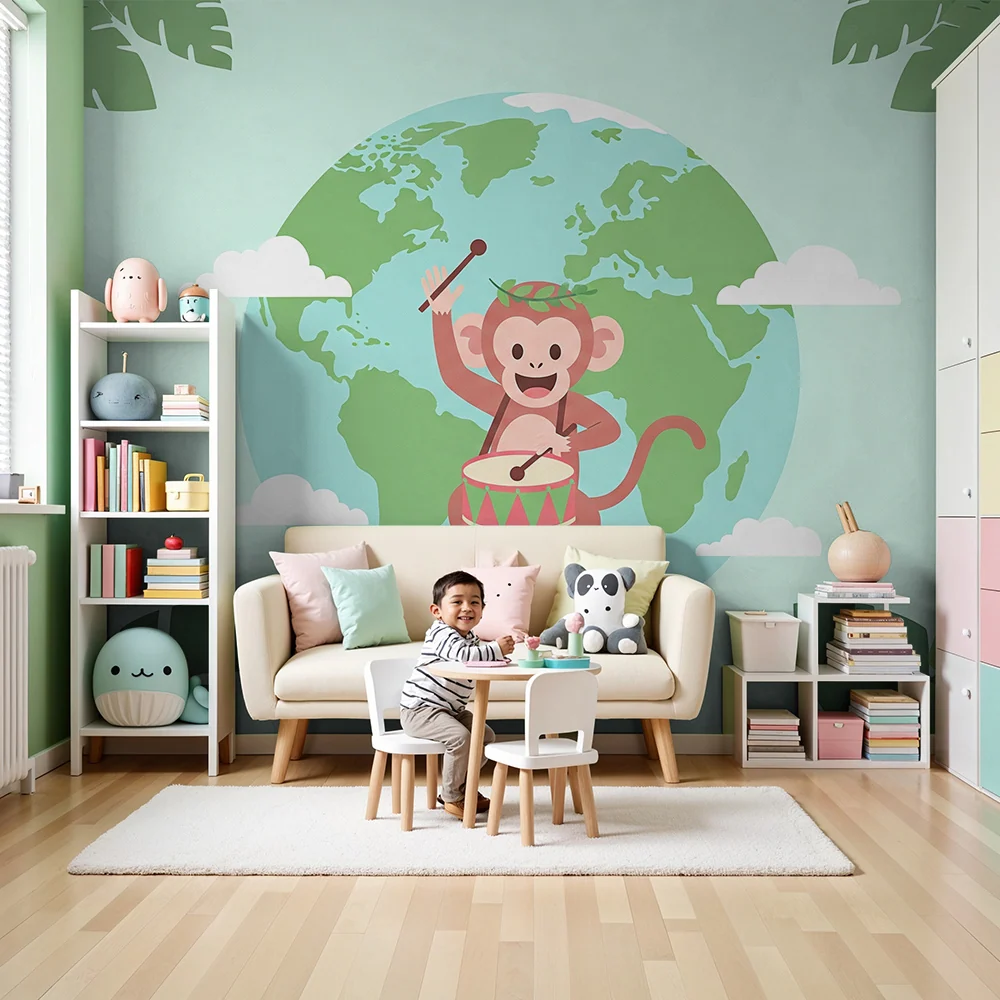 Papier peint chambre enfant | Singe joyeux avec tambour et globe terrestre