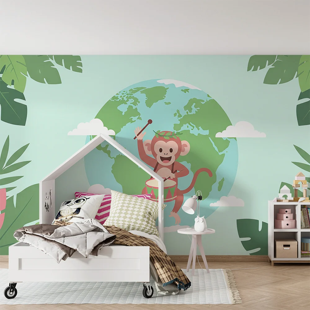 Papier peint chambre enfant | Singe joyeux avec tambour et globe terrestre