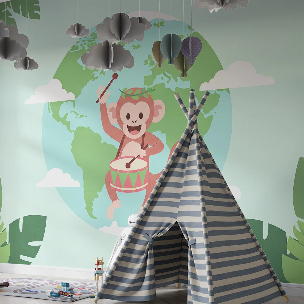 Papier peint chambre enfant | Singe joyeux avec tambour et globe terrestre