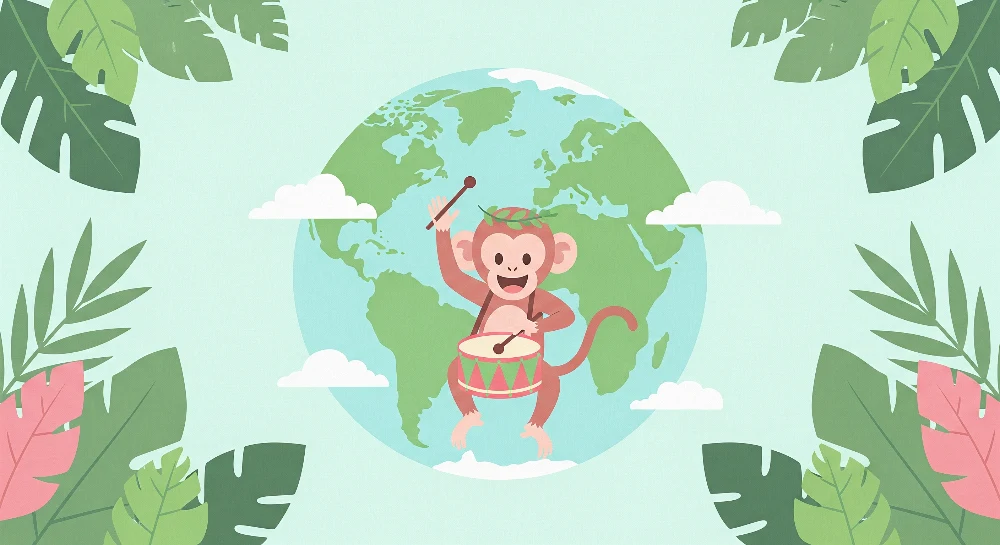 Papier peint chambre enfant | Singe joyeux avec tambour et globe terrestre