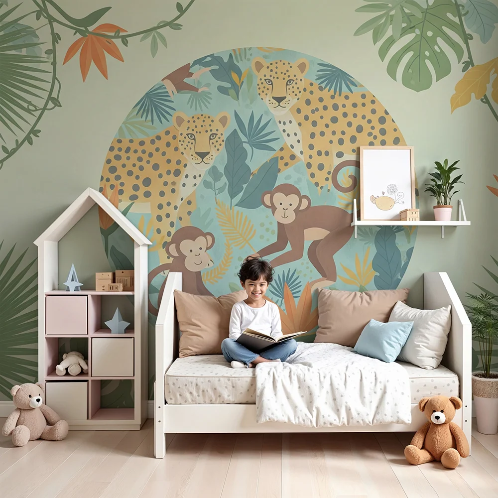 Papier peint chambre enfant | Singes espiègles et léopards dans une jungle colorée