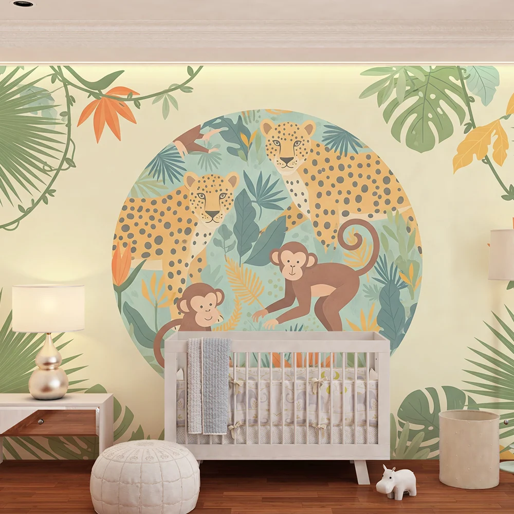 Papier peint chambre enfant | Singes espiègles et léopards dans une jungle colorée