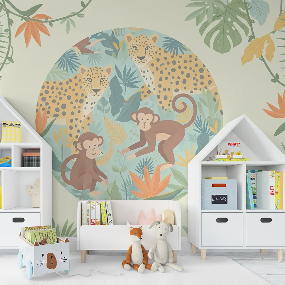 Papier peint chambre enfant | Singes espiègles et léopards dans une jungle colorée