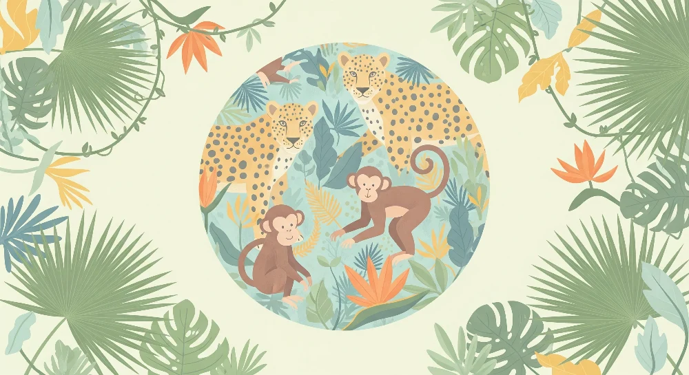 Papier peint chambre enfant | Singes espiègles et léopards dans une jungle colorée