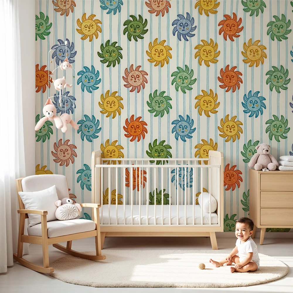 Papier peint chambre enfant | Soleil coloré et rayures