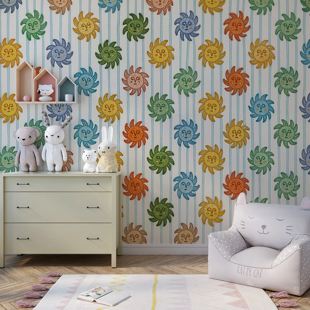 Papier peint chambre enfant | Soleil coloré et rayures