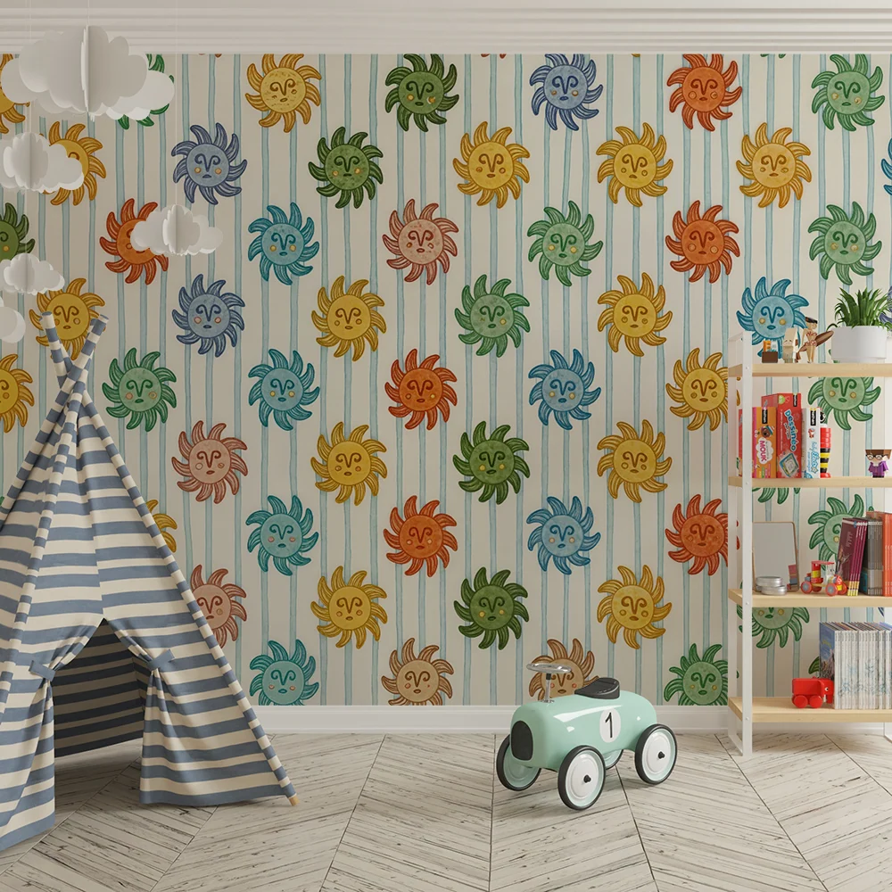 Papier peint chambre enfant | Soleil coloré et rayures