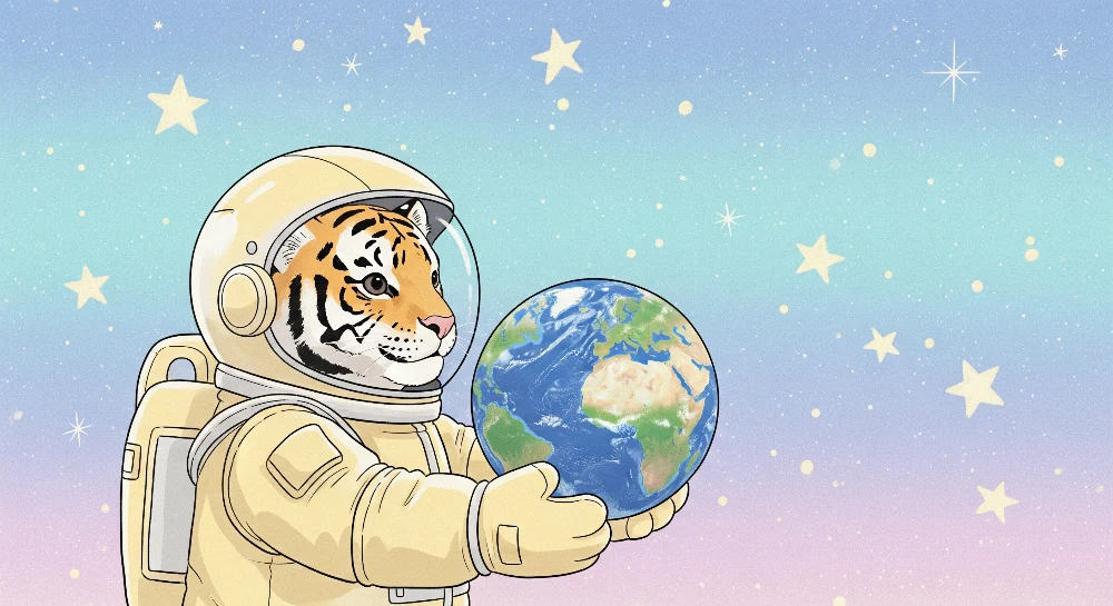 Papier peint chambre enfant | Tigre astronaute tenant la Terre dans l'espace étoilé