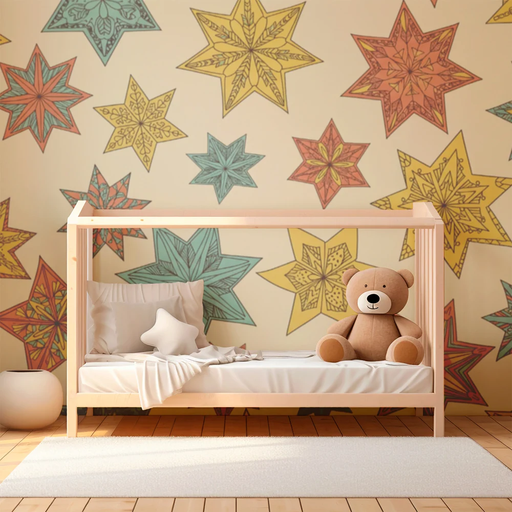 Papier peint chambre enfant | Étoiles colorées et motifs géométriques sur fond crème