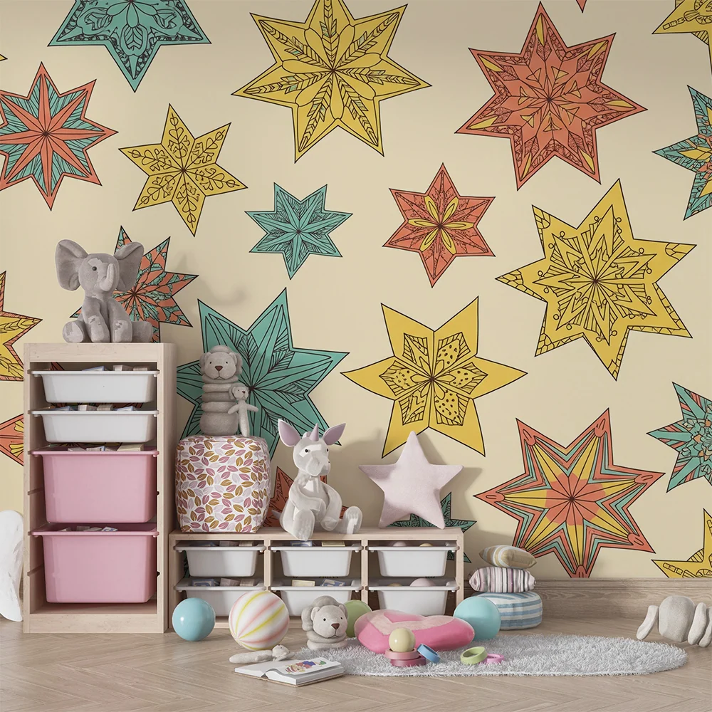 Papier peint chambre enfant | Étoiles colorées et motifs géométriques sur fond crème