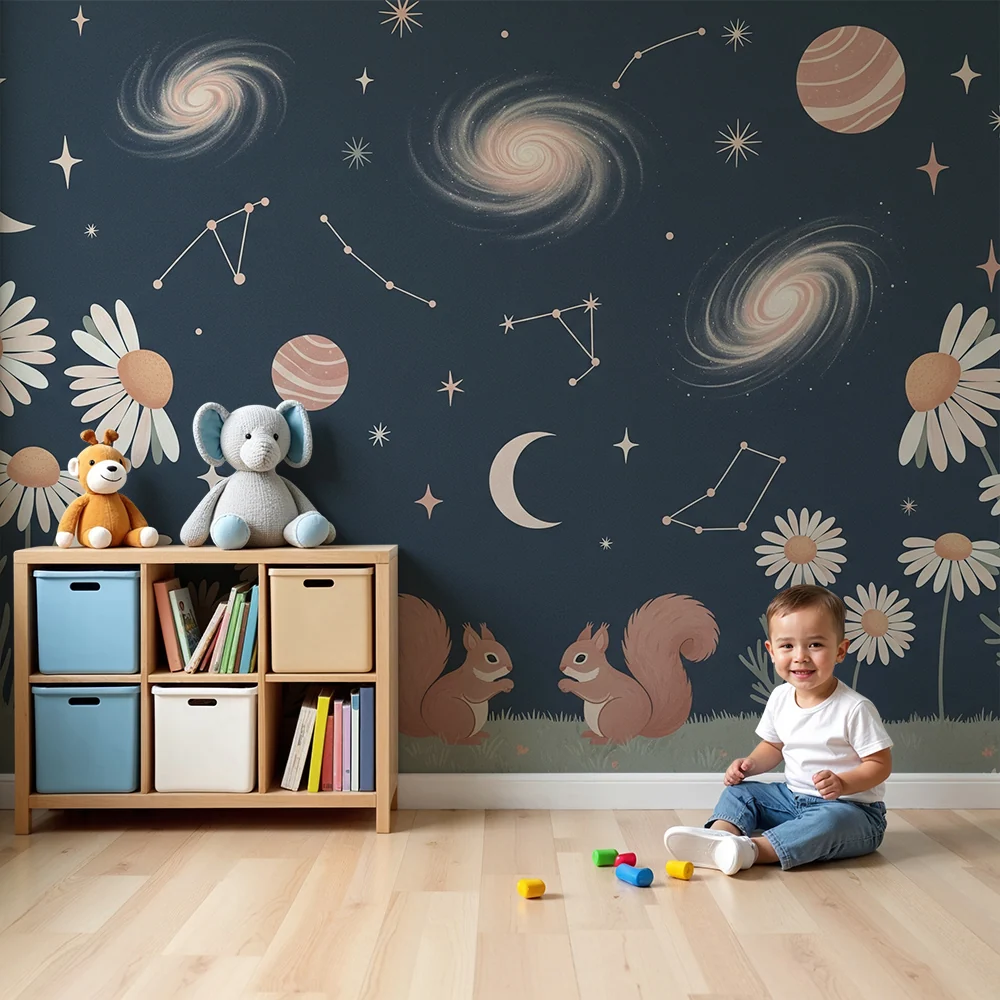 Papier peint chambre enfant | Étoiles, fleurs et écureuils sous un ciel nocturne