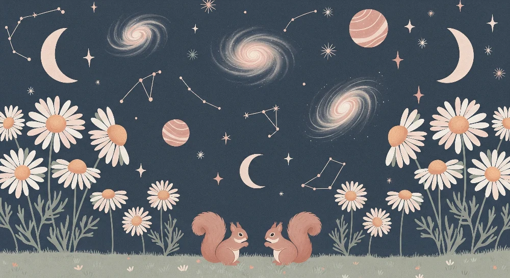 Papier peint chambre enfant | Étoiles, fleurs et écureuils sous un ciel nocturne