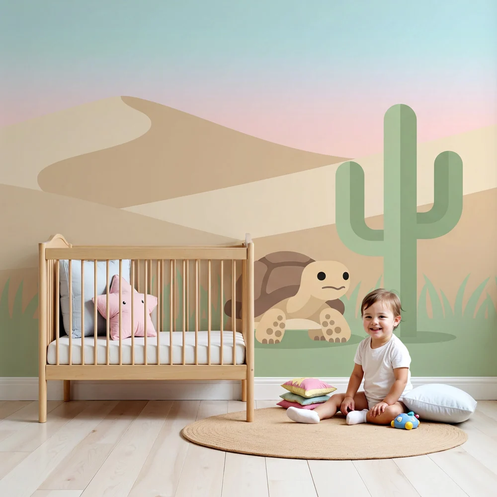 Papier peint chambre enfant | Tortue mignonne au désert