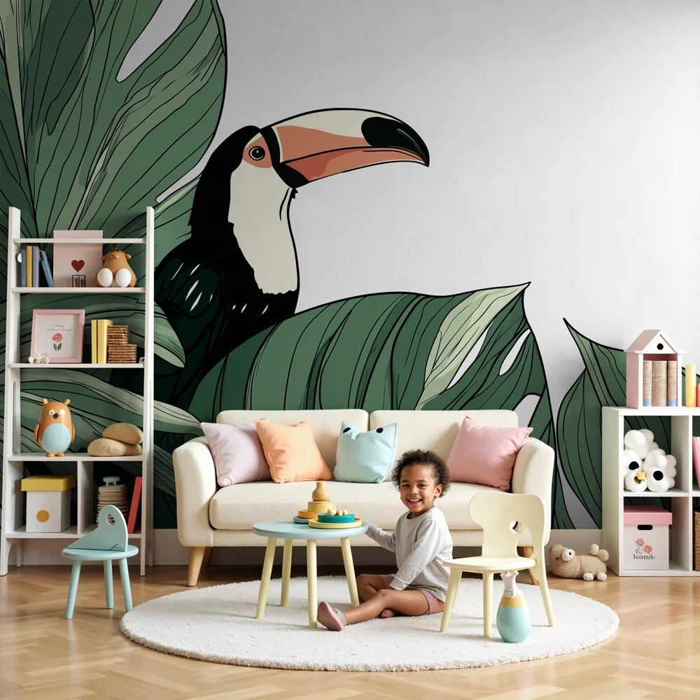 Papier peint chambre enfant | Toucan et feuillage luxuriant