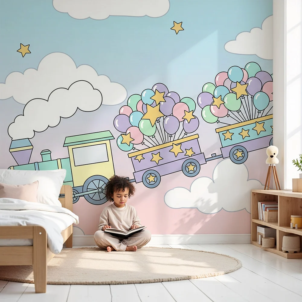 Papier peint chambre enfant | Train coloré avec ballons et étoiles dans un ciel pastel