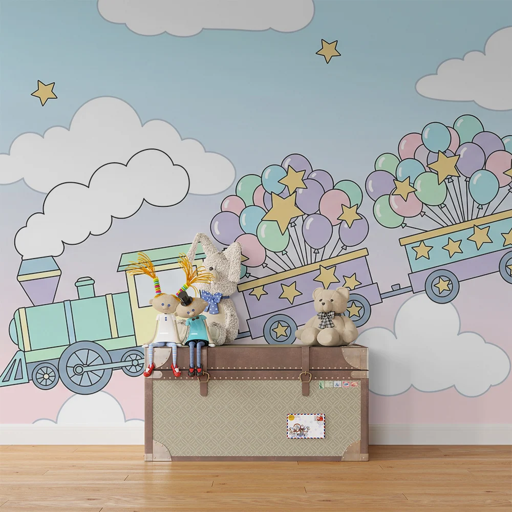 Papier peint chambre enfant | Train coloré avec ballons et étoiles dans un ciel pastel