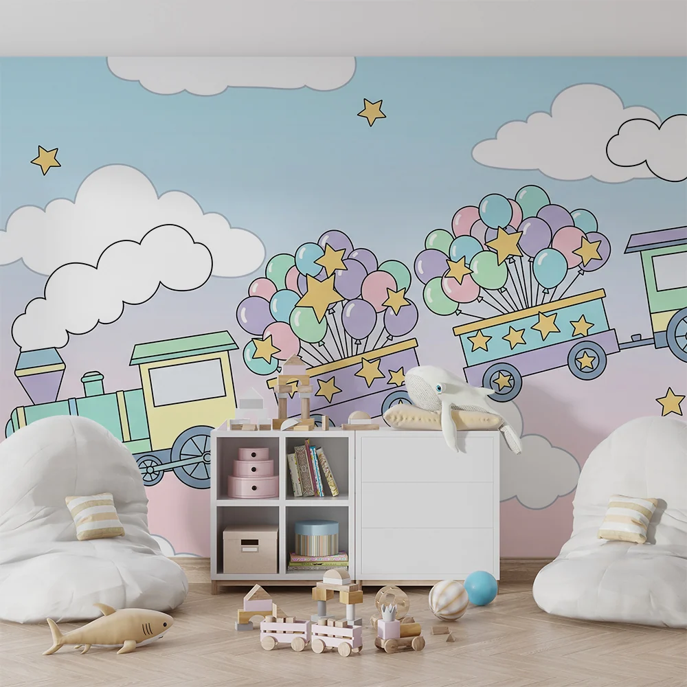 Papier peint chambre enfant | Train coloré avec ballons et étoiles dans un ciel pastel