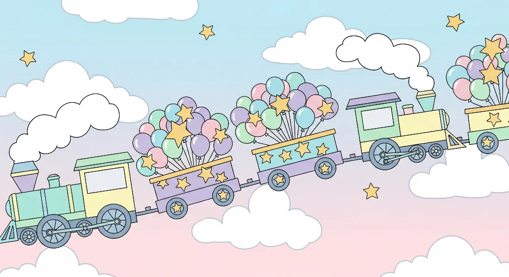 Papier peint chambre enfant | Train coloré avec ballons et étoiles dans un ciel pastel