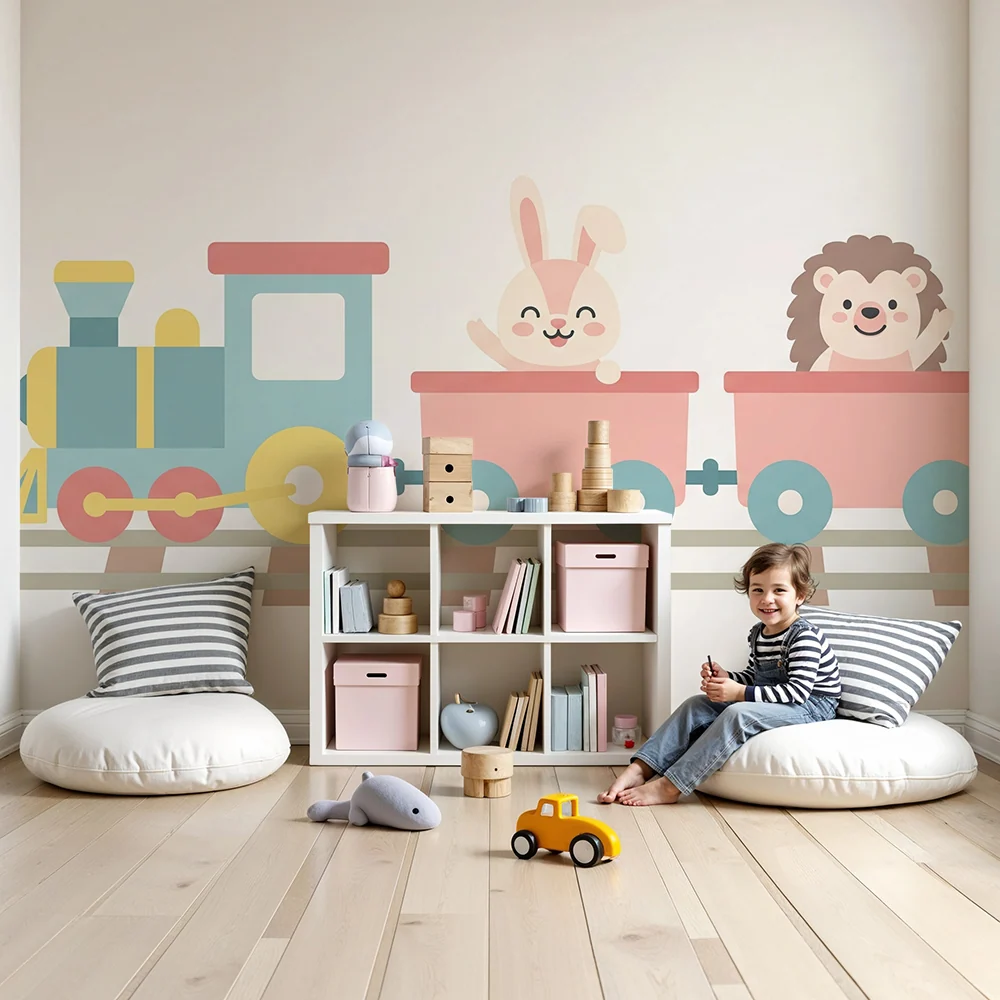 Papier peint chambre enfant | Train joyeux avec un lapin et un hérisson