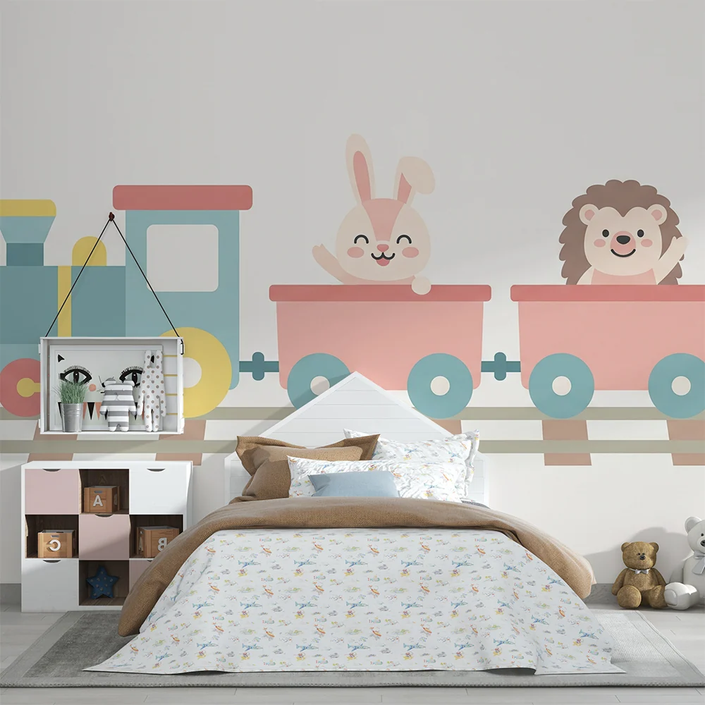 Papier peint chambre enfant | Train joyeux avec un lapin et un hérisson