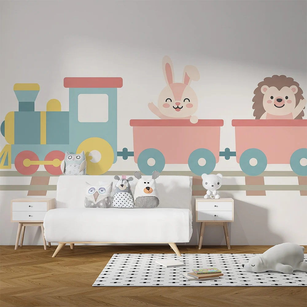 Papier peint chambre enfant | Train joyeux avec un lapin et un hérisson