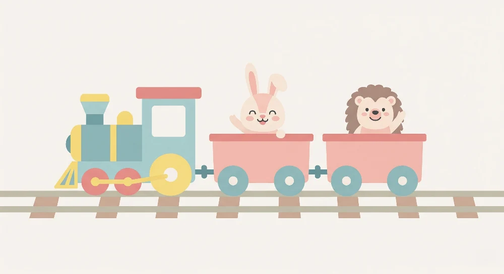 Papier peint chambre enfant | Train joyeux avec un lapin et un hérisson