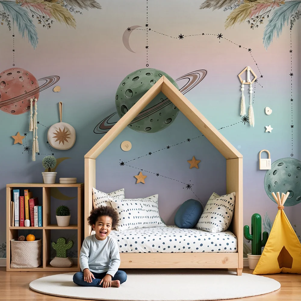 Papier peint chambre enfant | Univers céleste avec planètes colorées et constellations