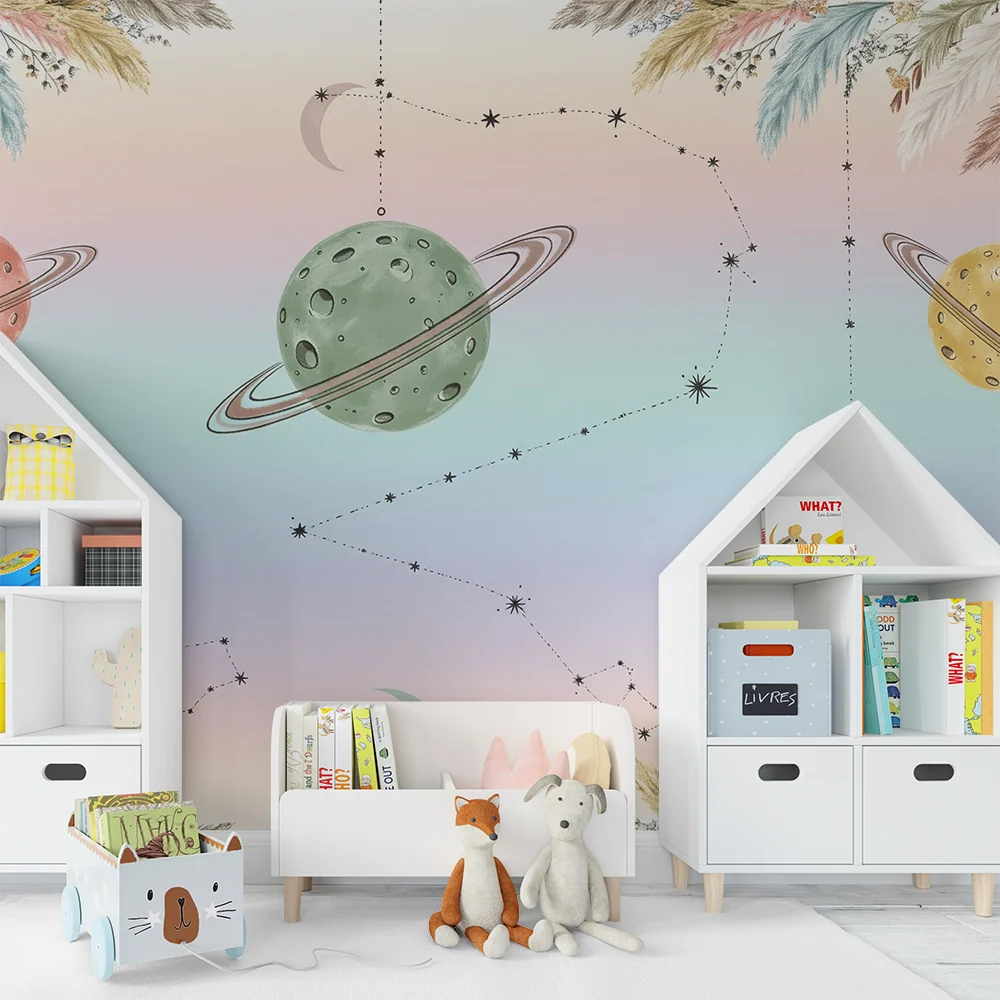 Papier peint chambre enfant | Univers céleste avec planètes colorées et constellations