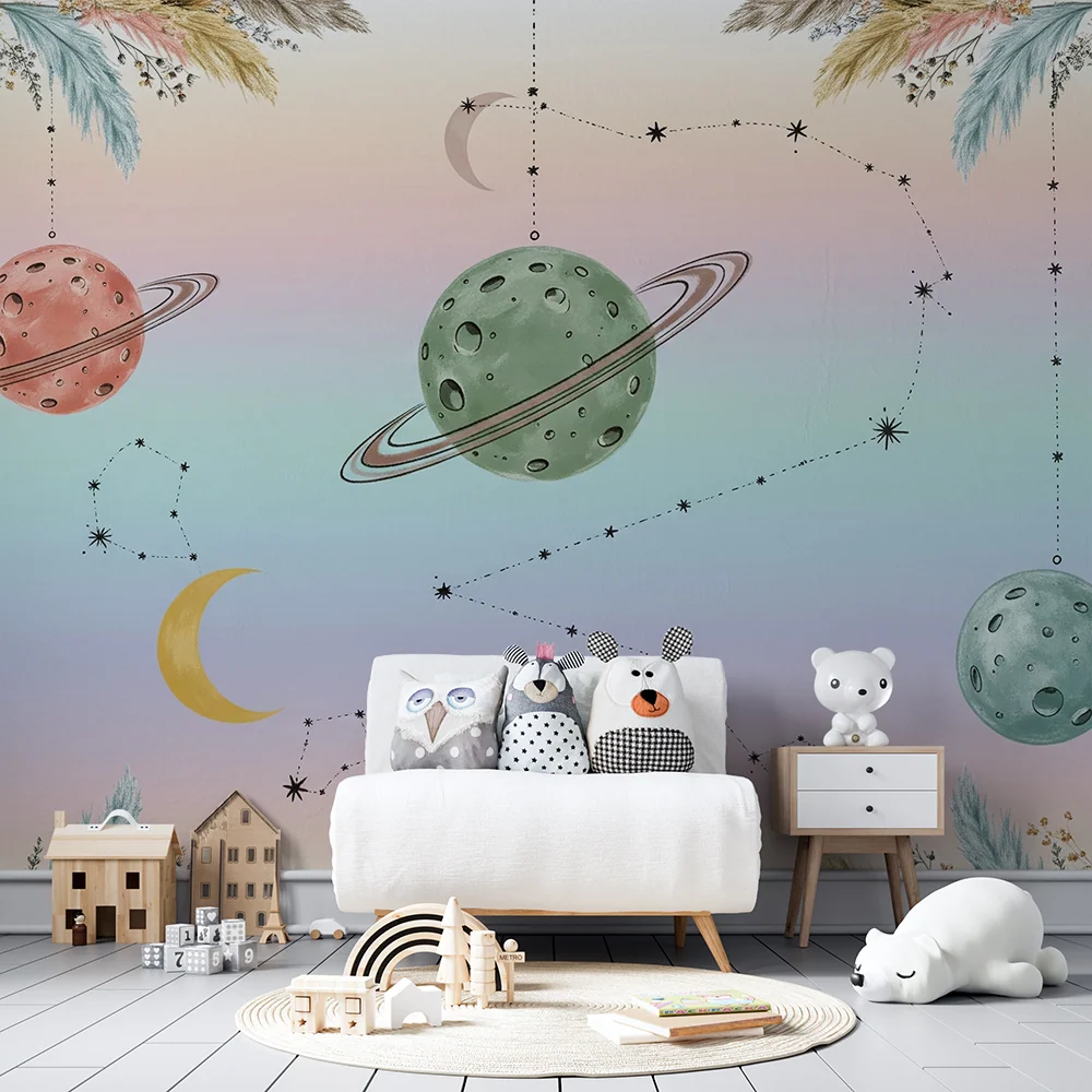 Papier peint chambre enfant | Univers céleste avec planètes colorées et constellations