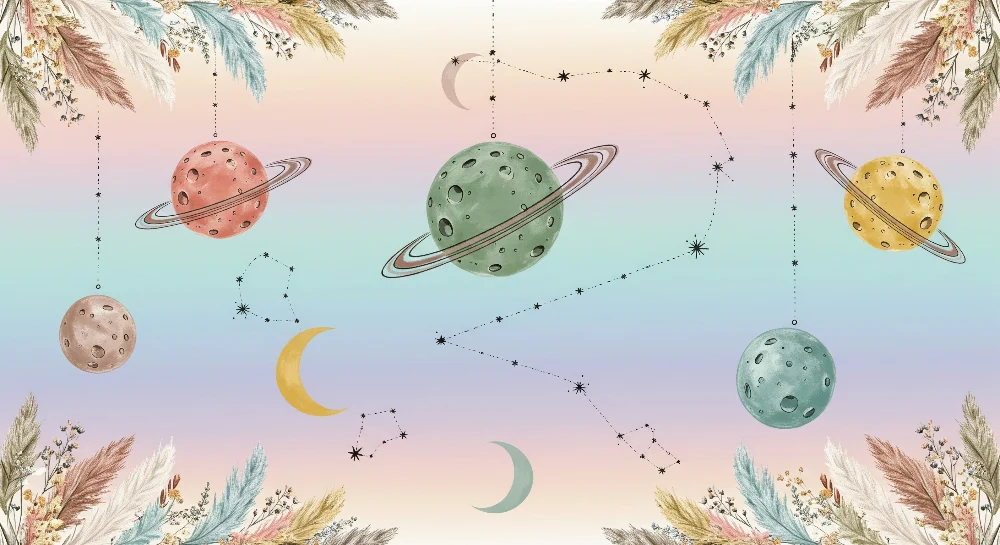 Papier peint chambre enfant | Univers céleste avec planètes colorées et constellations
