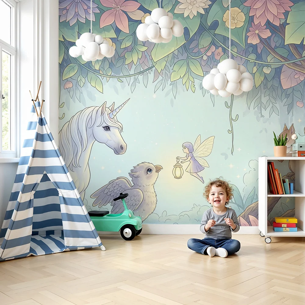 Papier peint chambre enfant | Univers féerique avec licorne, fée et animaux de la êt