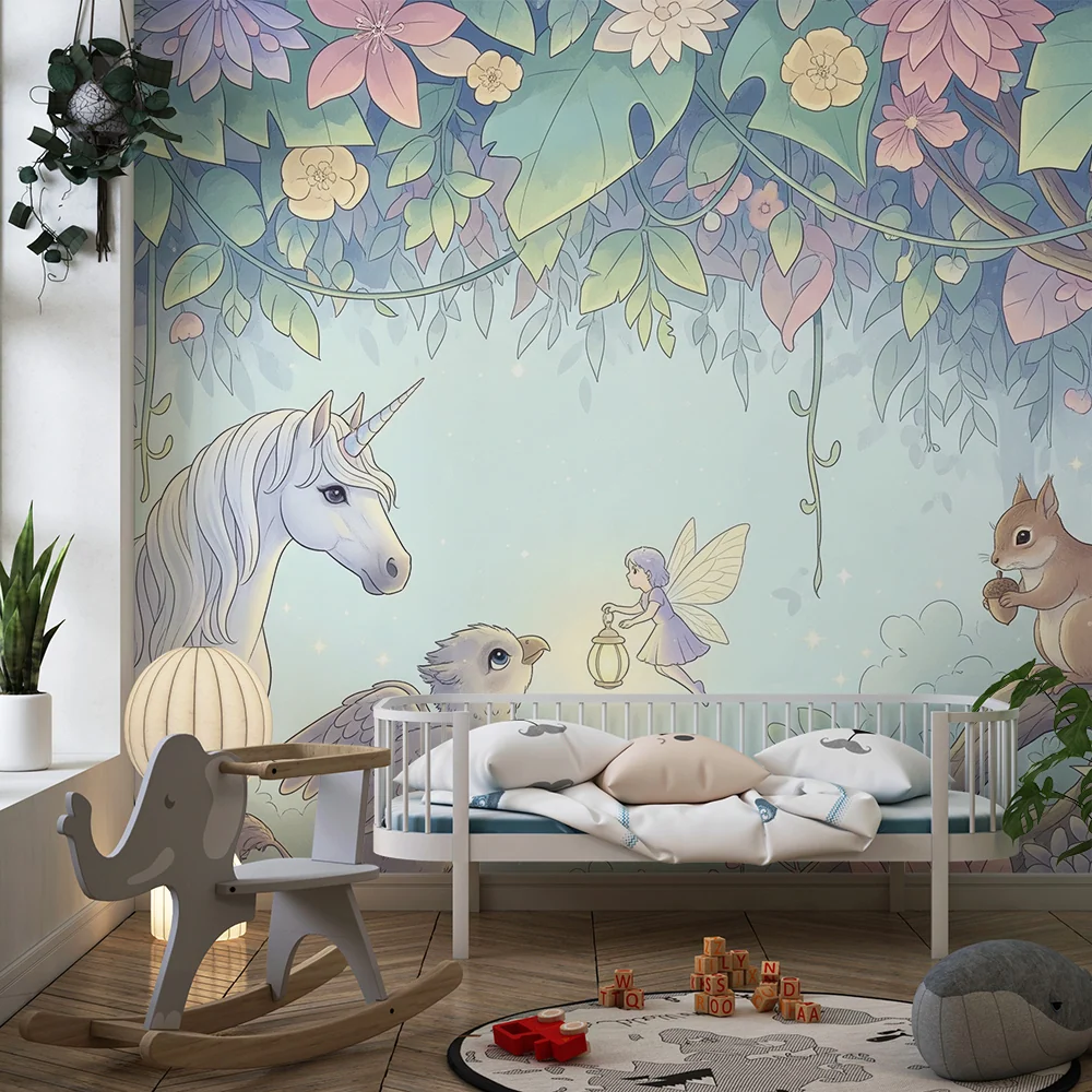 Papier peint chambre enfant | Univers féerique avec licorne, fée et animaux de la êt