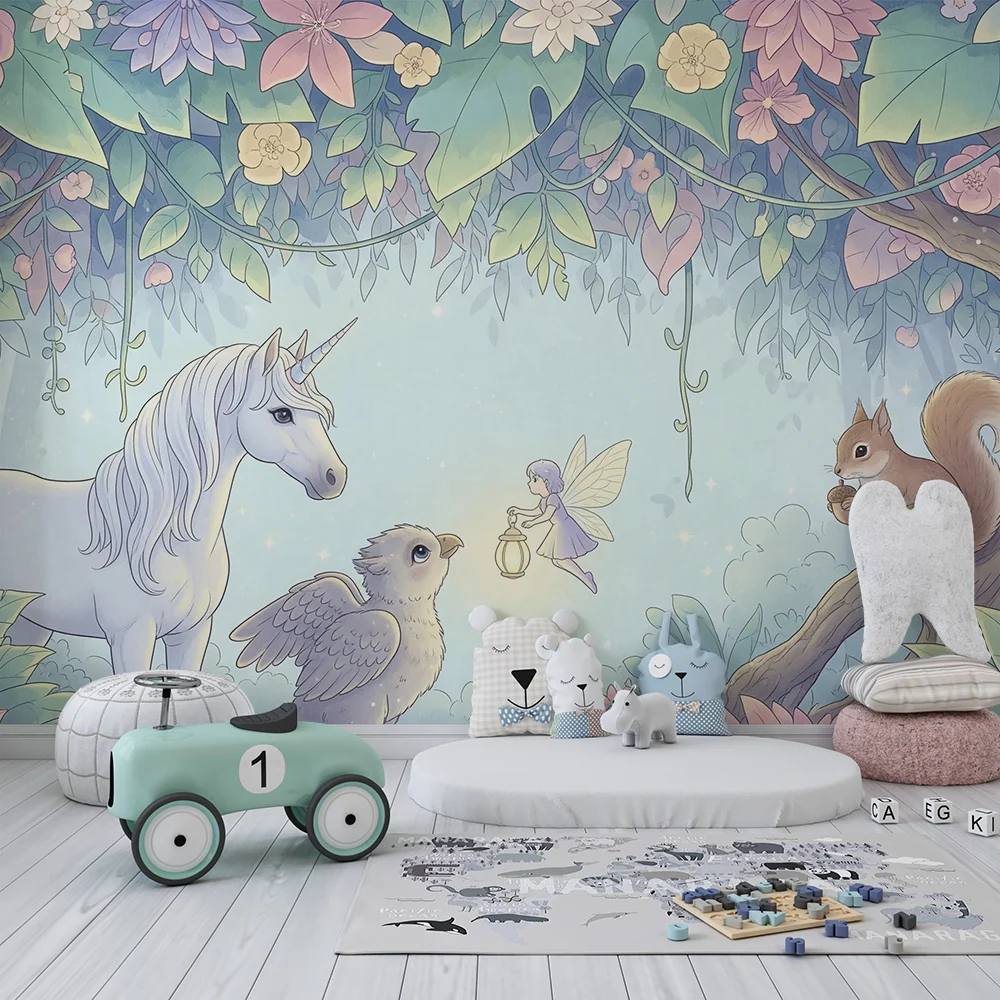 Papier peint chambre enfant | Univers féerique avec licorne, fée et animaux de la êt