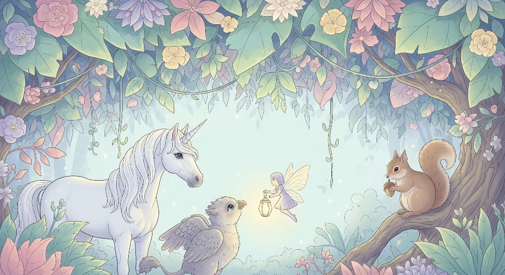 Papier peint chambre enfant | Univers féerique avec licorne, fée et animaux de la êt