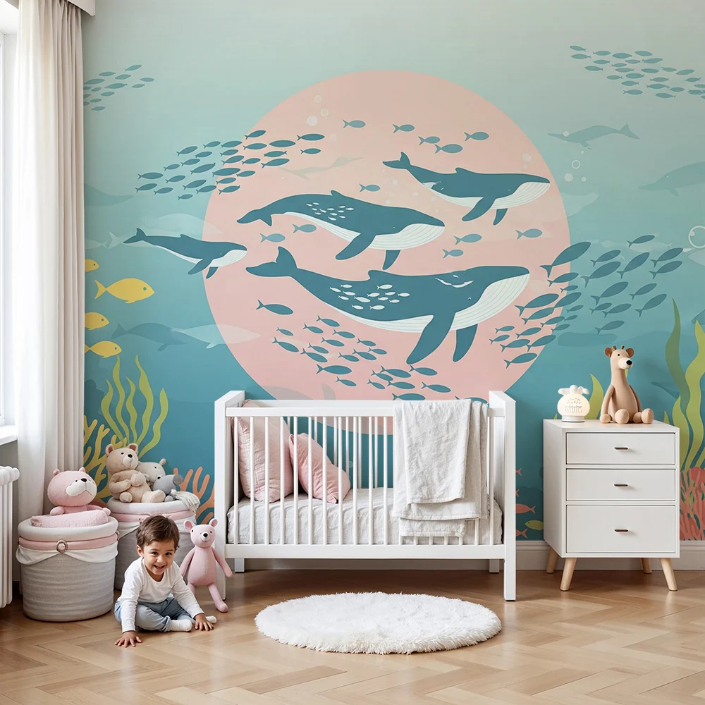 Papier peint chambre enfant | Univers marin avec baleines et coraux colorés