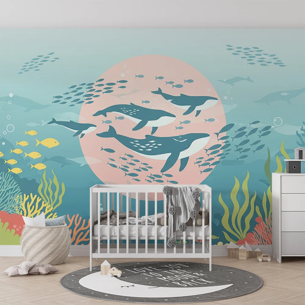 Papier peint chambre enfant | Univers marin avec baleines et coraux colorés