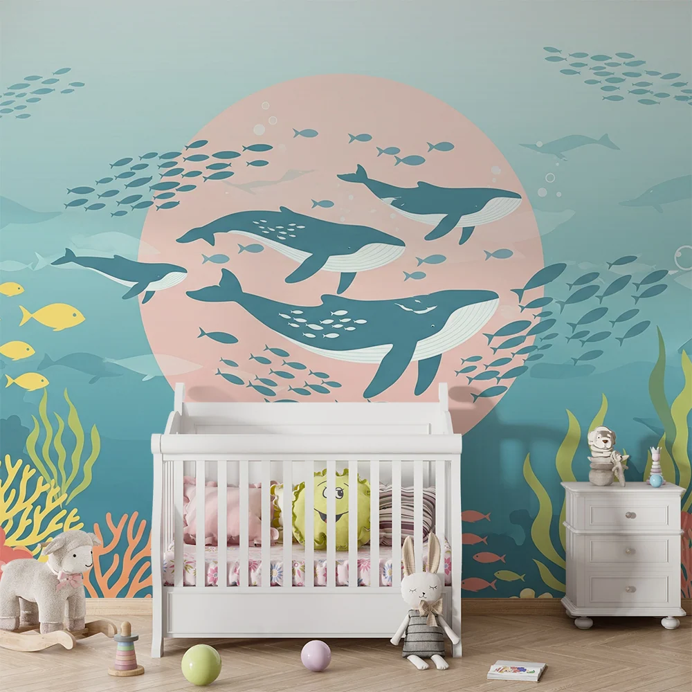 Papier peint chambre enfant | Univers marin avec baleines et coraux colorés