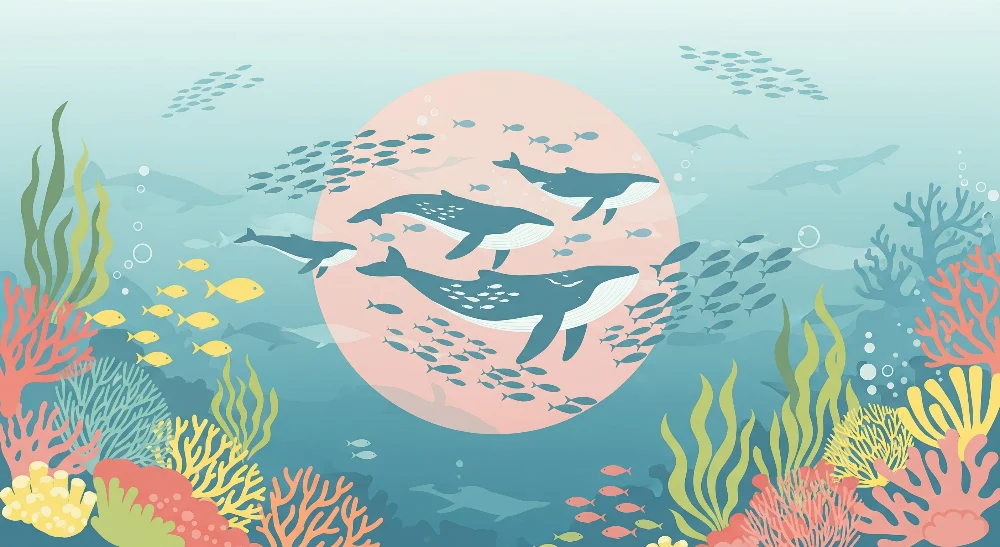 Papier peint chambre enfant | Univers marin avec baleines et coraux colorés