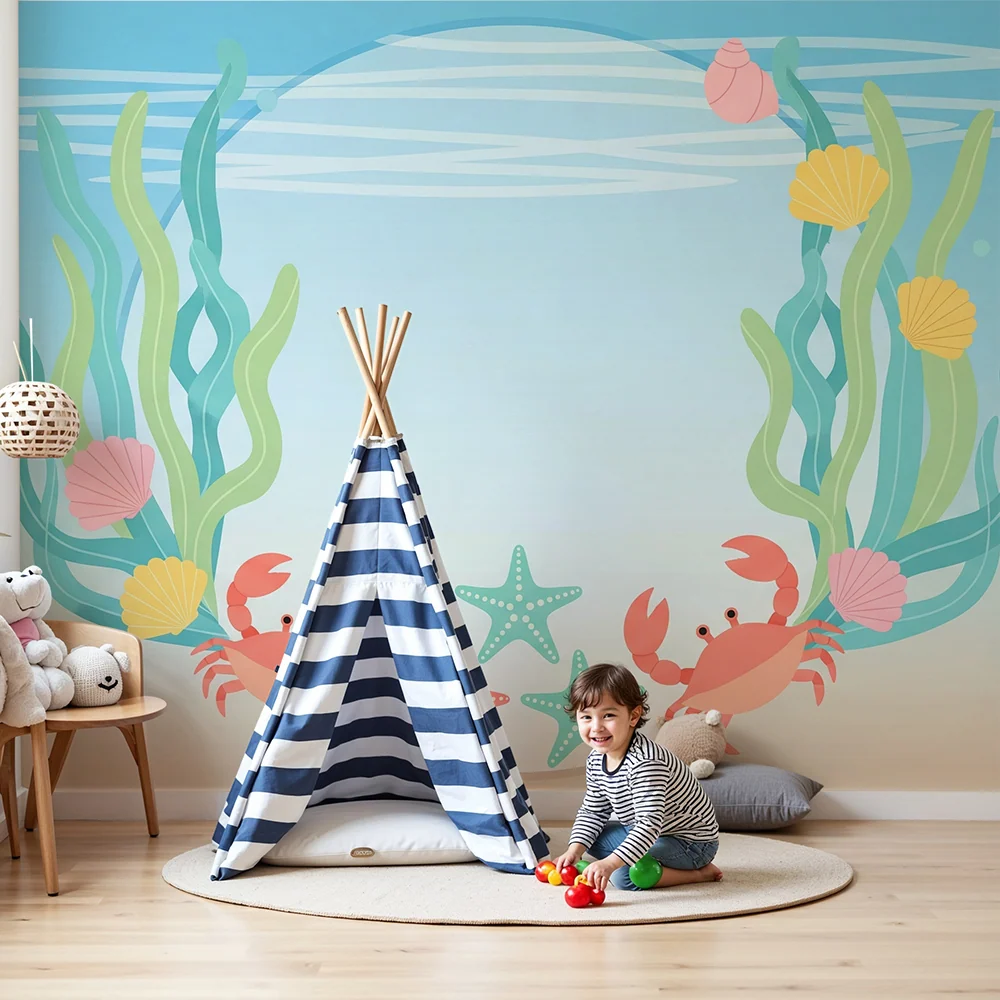 Papier peint chambre enfant | Univers marin avec crabes et étoiles de mer
