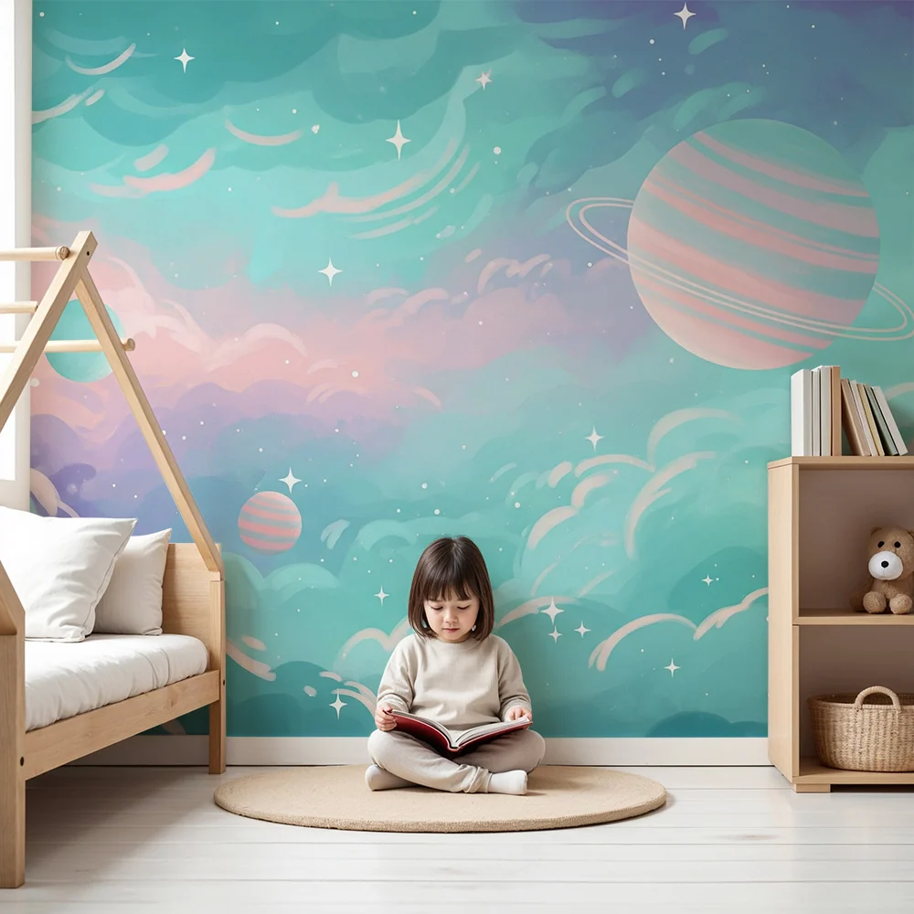 Papier peint chambre enfant | Univers étoilé avec planètes colorées et nuages doux