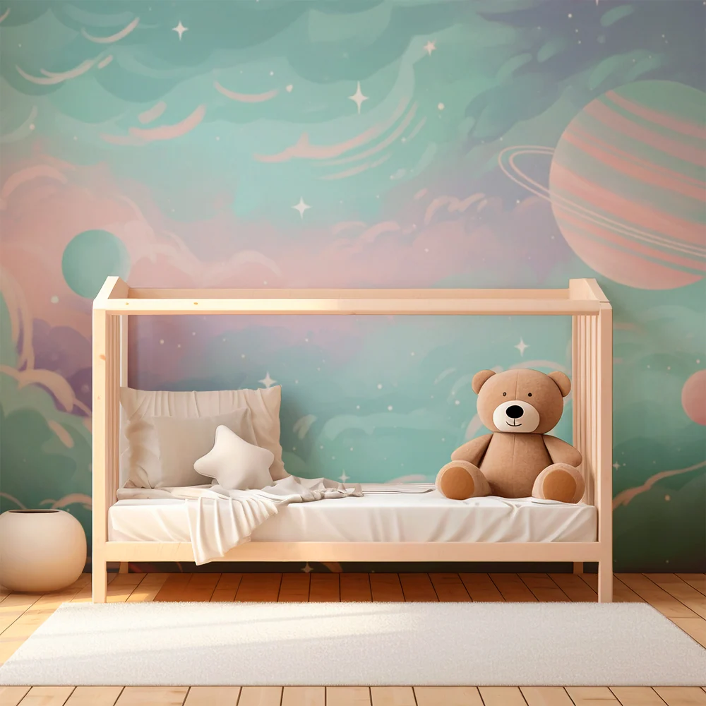 Papier peint chambre enfant | Univers étoilé avec planètes colorées et nuages doux
