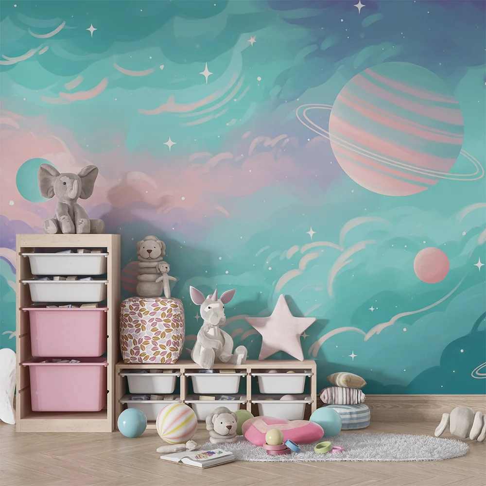 Papier peint chambre enfant | Univers étoilé avec planètes colorées et nuages doux