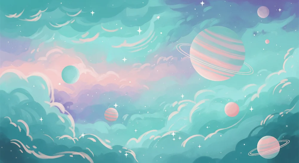 Papier peint chambre enfant | Univers étoilé avec planètes colorées et nuages doux