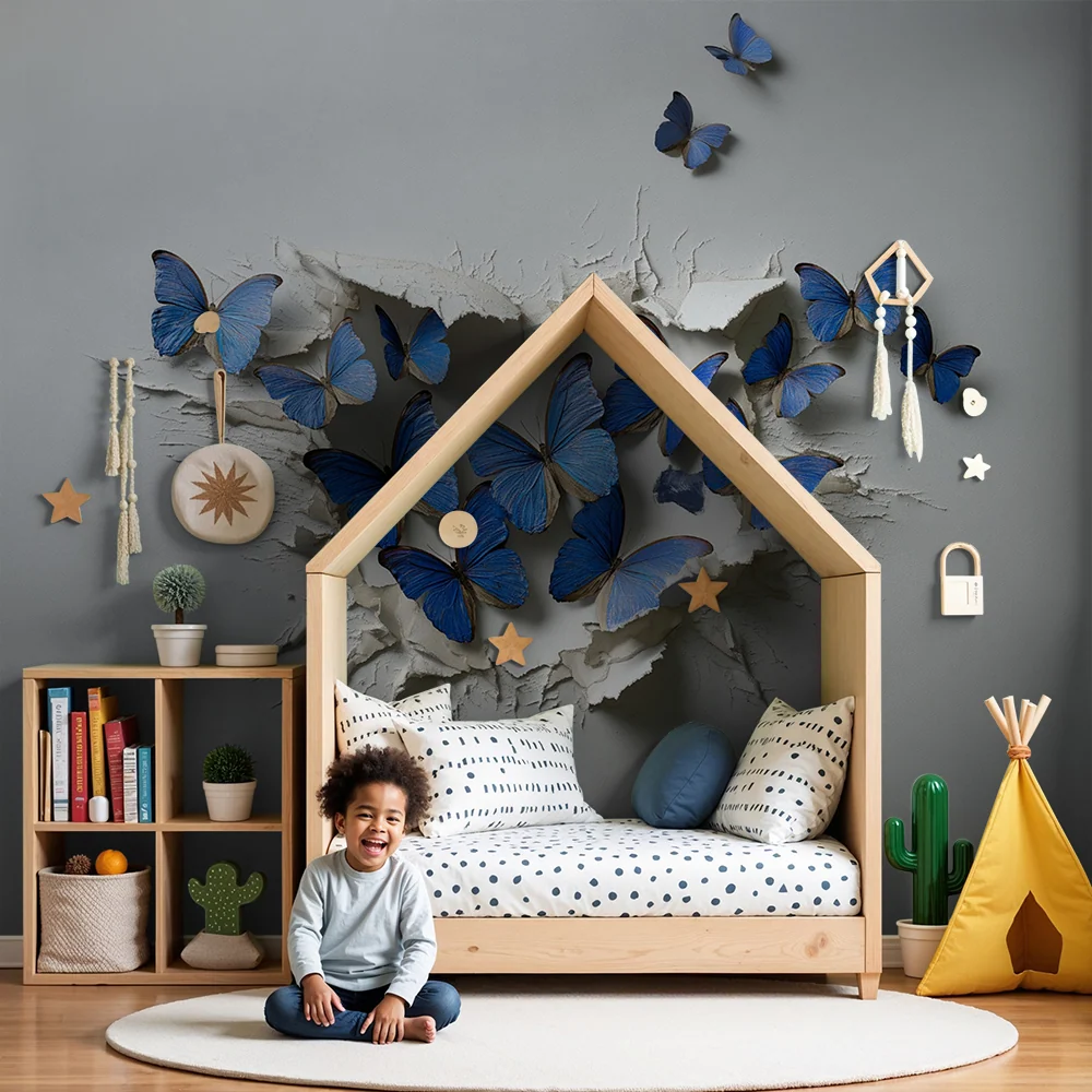 Papier peint chambre enfant | Évasion de papillons bleus