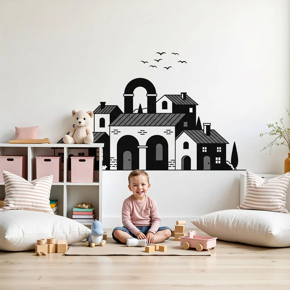 Papier peint chambre enfant | Village stylisé en noir et blanc
