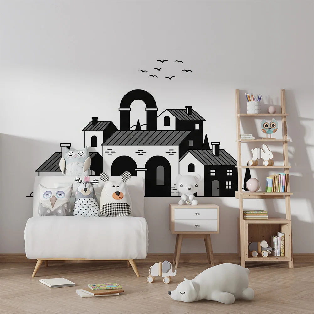 Papier peint chambre enfant | Village stylisé en noir et blanc